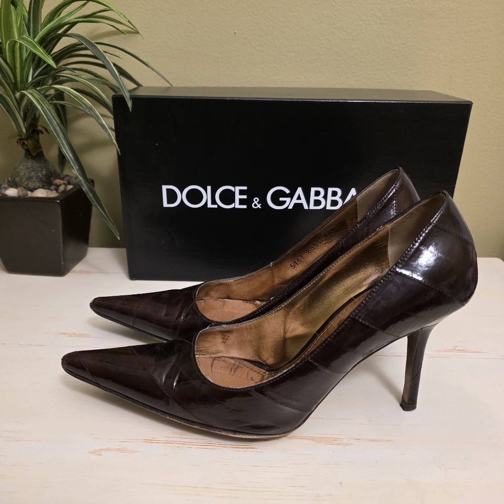 Dolce & Gabbana | Dark Brown Leather Pointed-Toe Pumps Sz 36.5 - Picture 3 of 12
